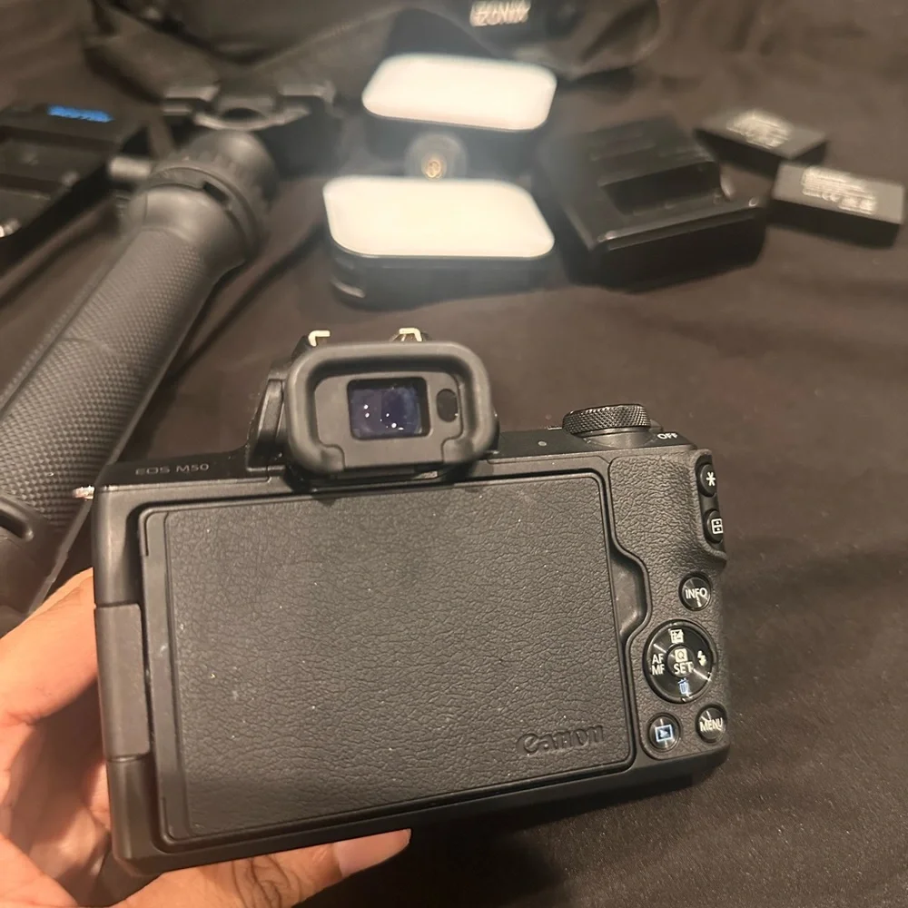 Canon M50 Camera + Tripod, Camera Bag, Lighting, Extra Batteries & Chargers